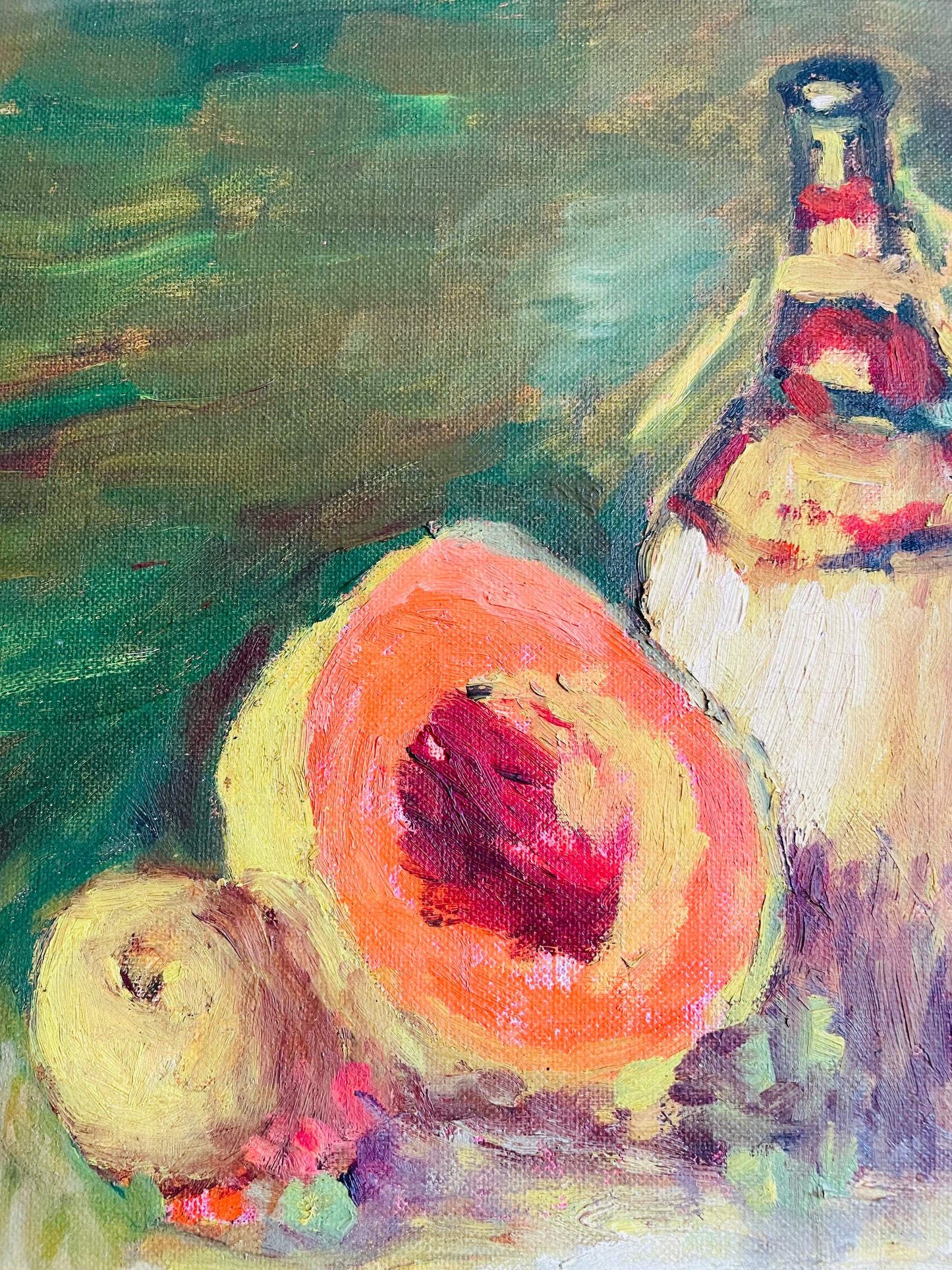 Vintage Original Art Painting of Still Life Scene with Cantaloupe, Other Fruit & Wine Jug - Signed Leo Harris
