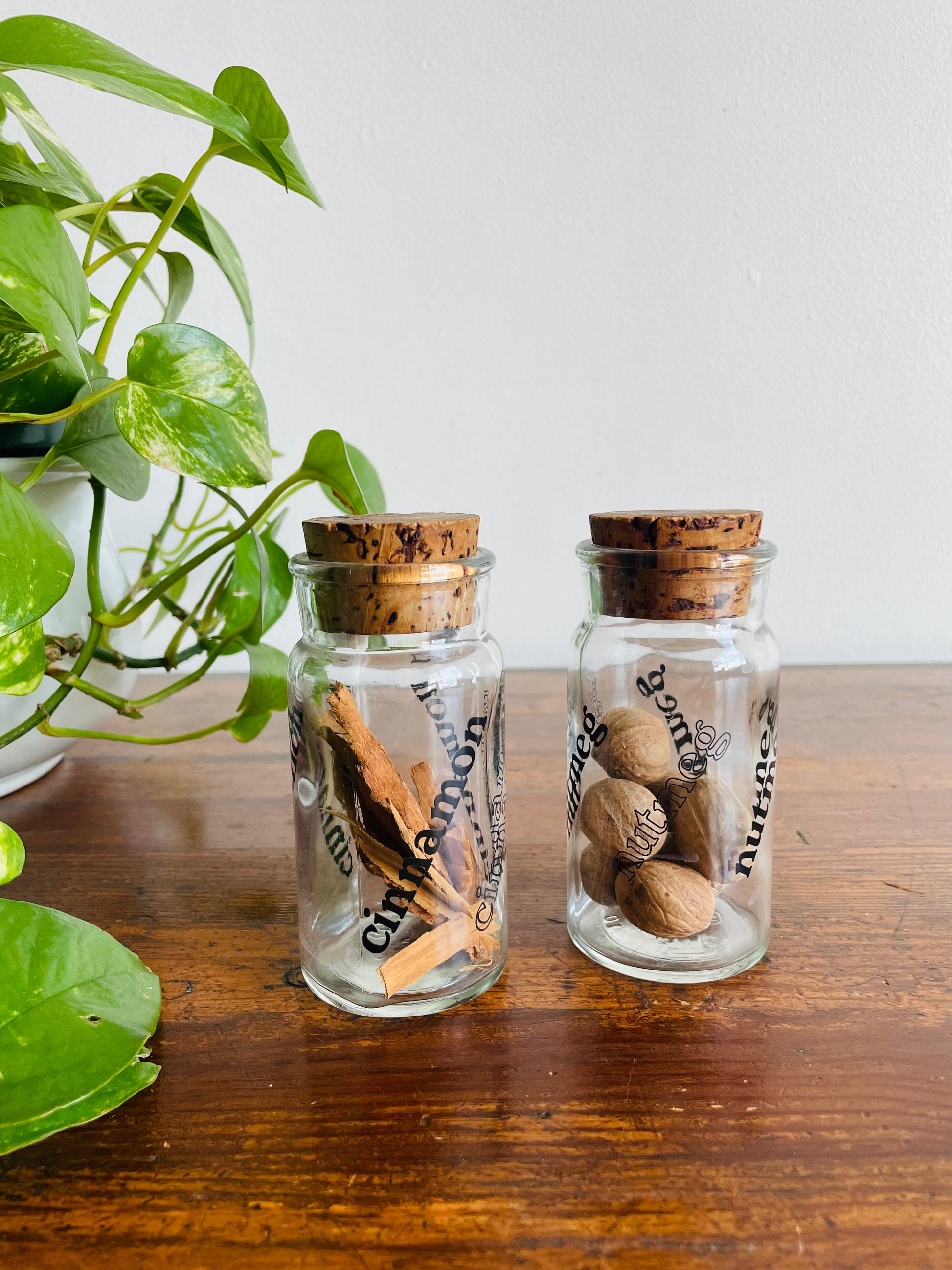 Vintage 1970s Wheaton Glass Spice Jars with Cork Lids Cinnamon Nutmeg