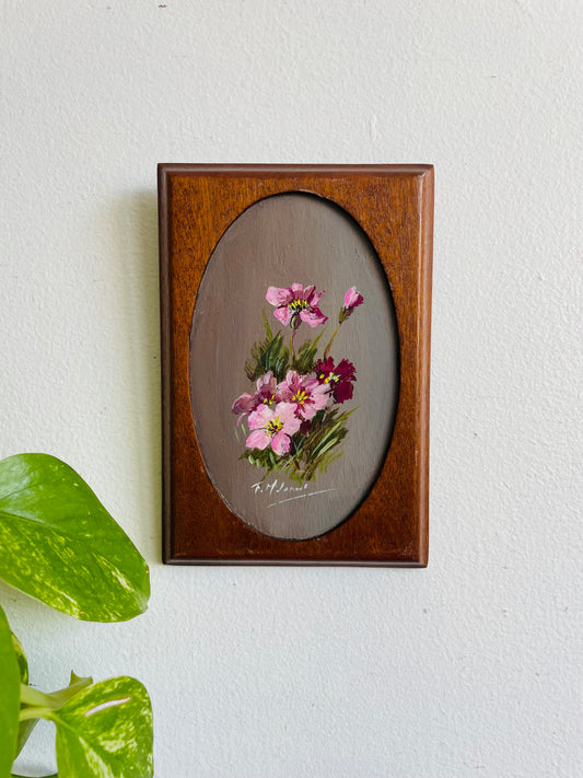Original Art Painting on Wood Plaque of Purple & Pink Flowers - Artist Signed