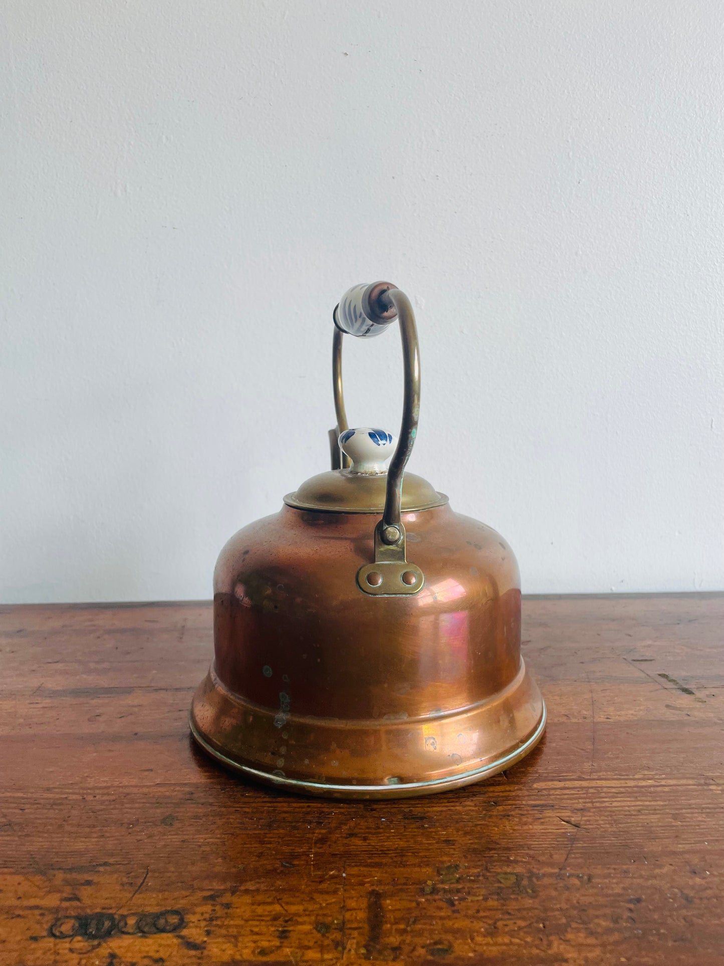 Copper Kettle with Blue & White Ceramic Handle