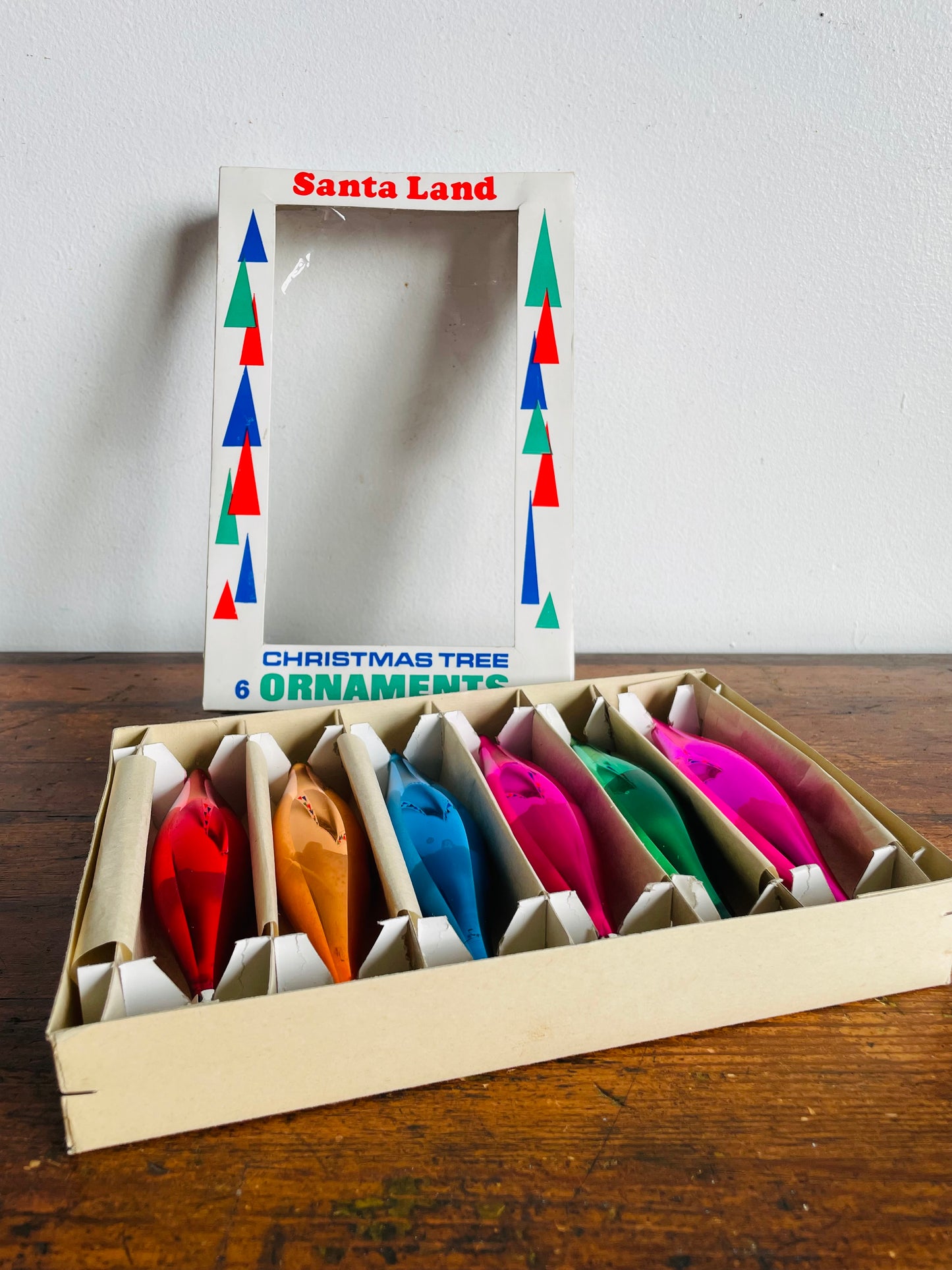 Brand New Vintage Santa Land Hand Blown Glass Christmas Tree Ornaments in Original Box - Set of 6 - Teardrop Shaped - Multi-Colour - Made in Poland