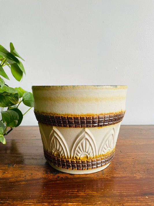 Ceramic Pottery Planter Pot in Cream, Mustard & Brown with Arch Design