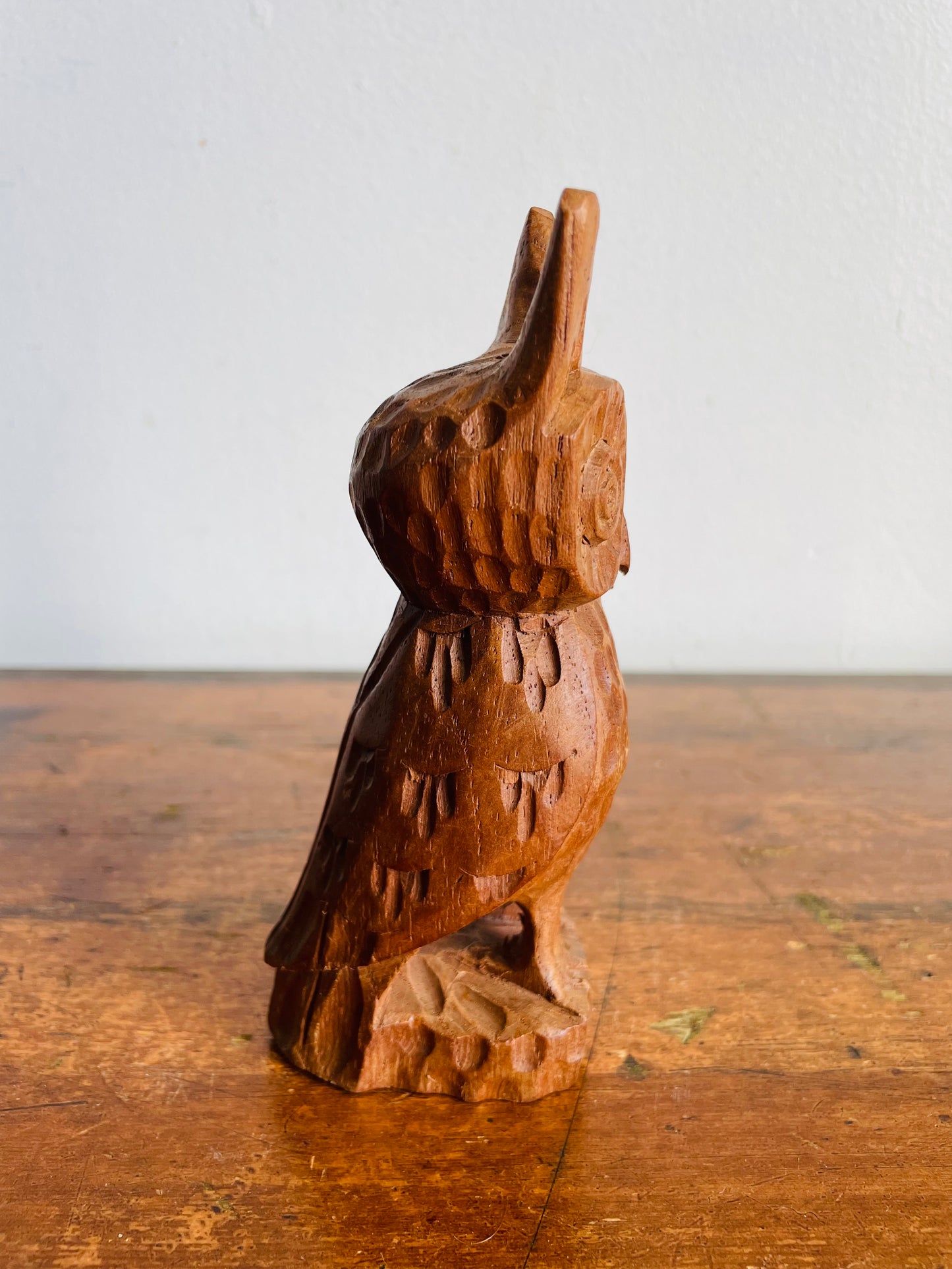 Vintage Mid-Century Modern Hand Carved Wood Owl Statue Figurine with Big Eyes