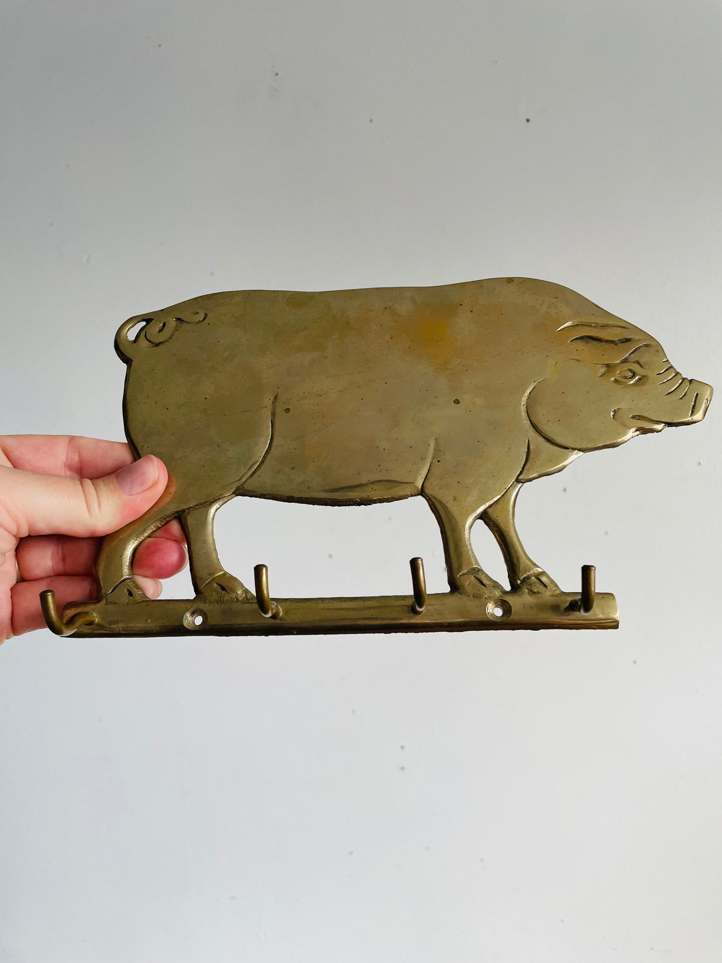 Vintage Solid Brass Pig Wall Rack Hanger with 4 Sturdy Hooks - Keys, Tea Towels, Etc.