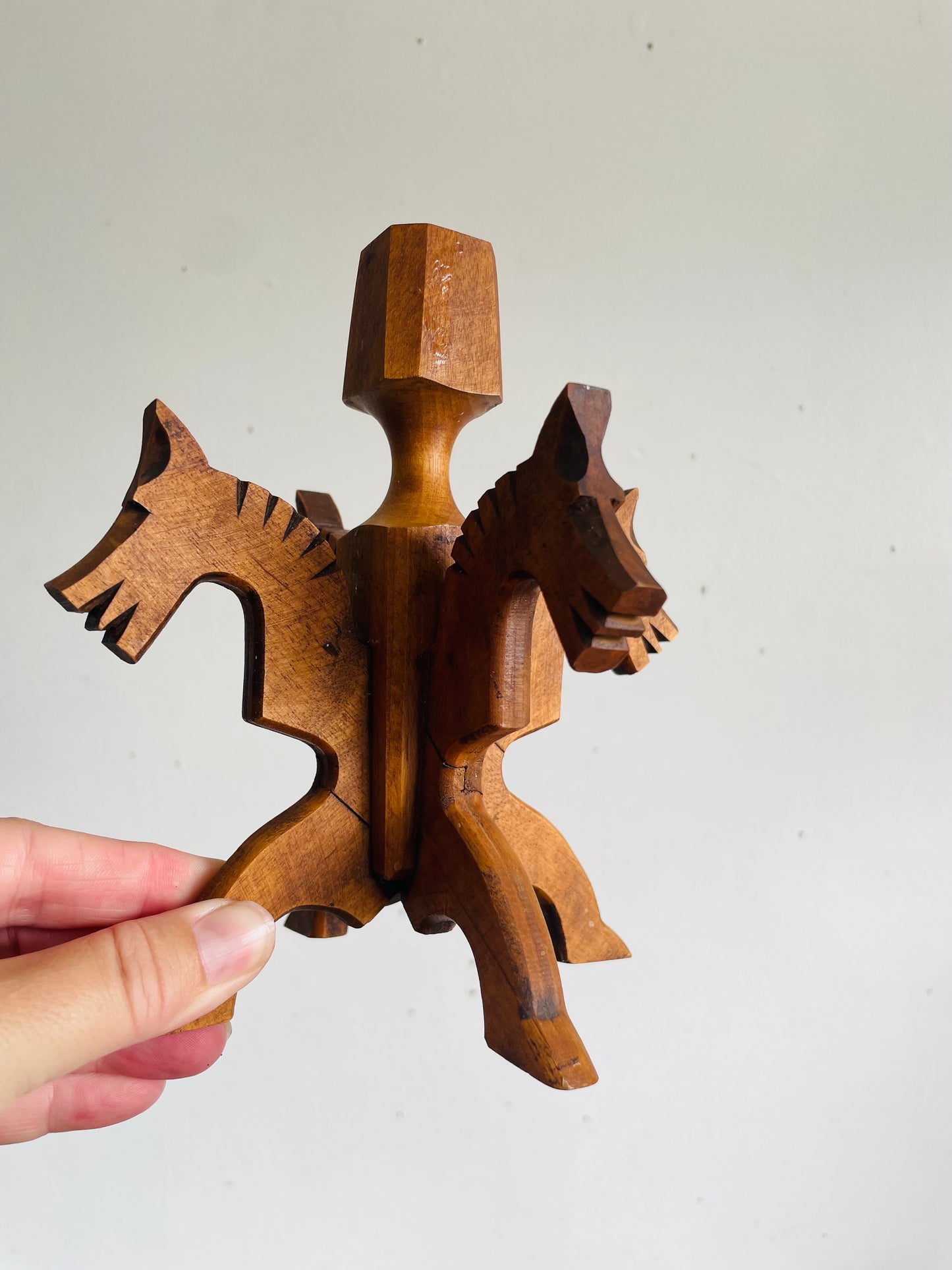 Vintage Swedish Odinstake Wood Candle Holder with Interlocking Puzzle Horse Figurines by Bertil Johansson - Sparlösa Sweden