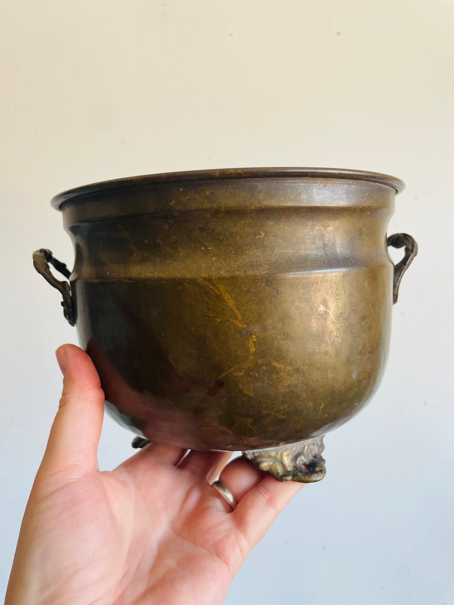 Vintage Solid Brass Footed 7" Planter Pot with Handles & Dark Patina