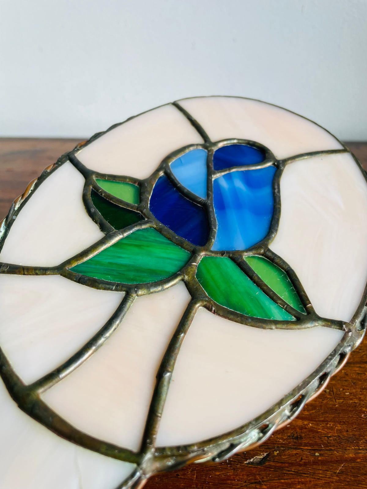 Vintage Stained Glass Handheld Mirror with Blue Rose Flower Design