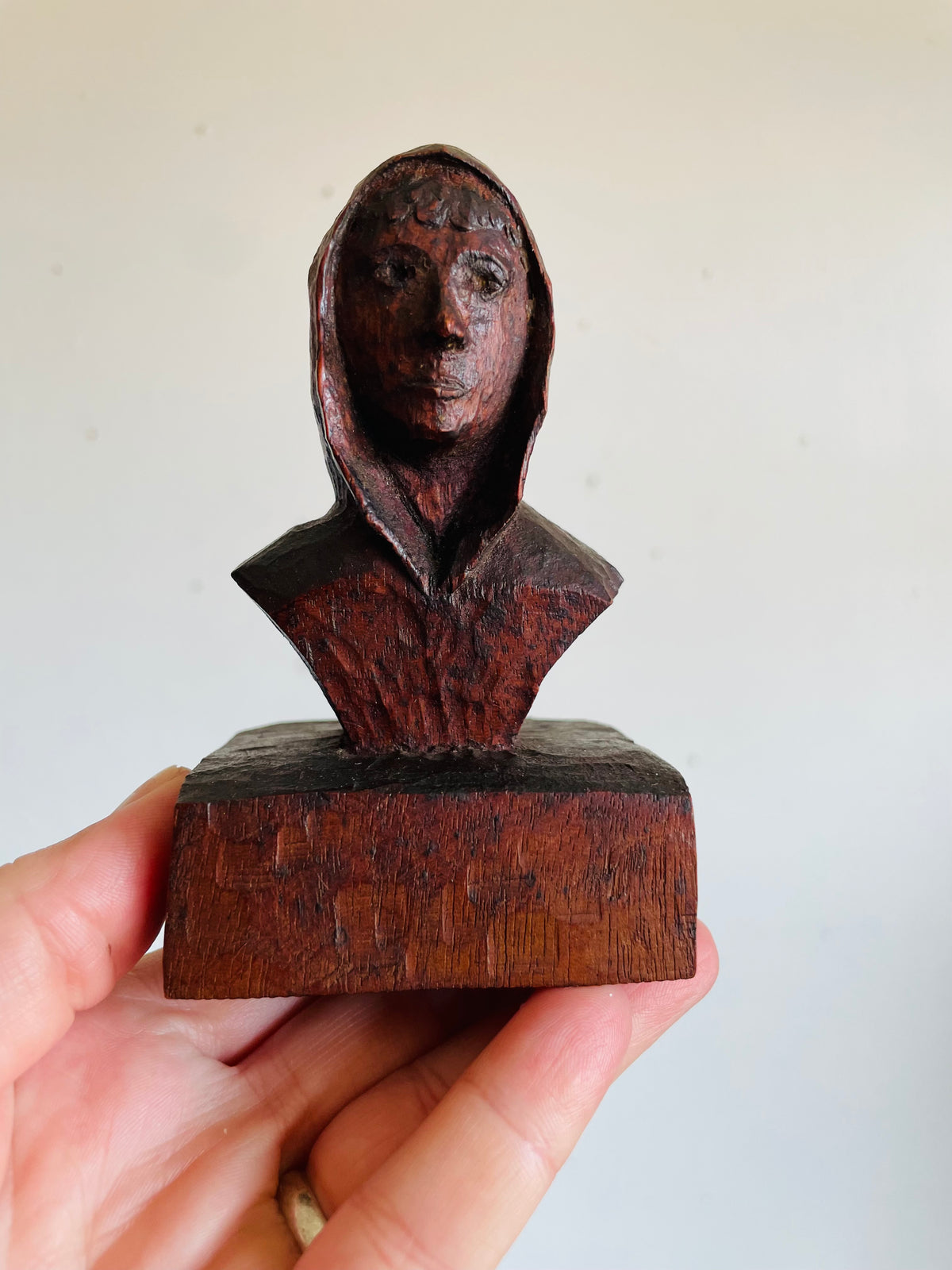 Vintage Stunning Artist Signed Dark Wood Sculpture Bust Statue of Person - Hand Carved From a Single Piece of Wood