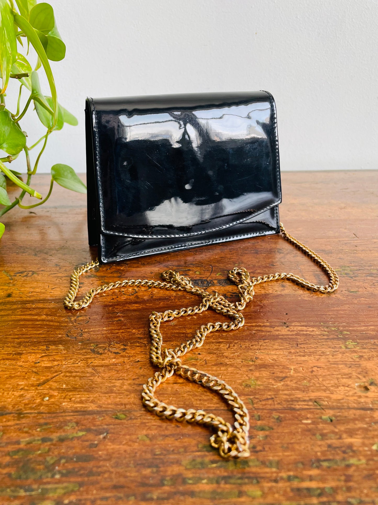 Vintage Little Black Patent Leather Crossbody Clutch Purse on Long Brass Gold Chain