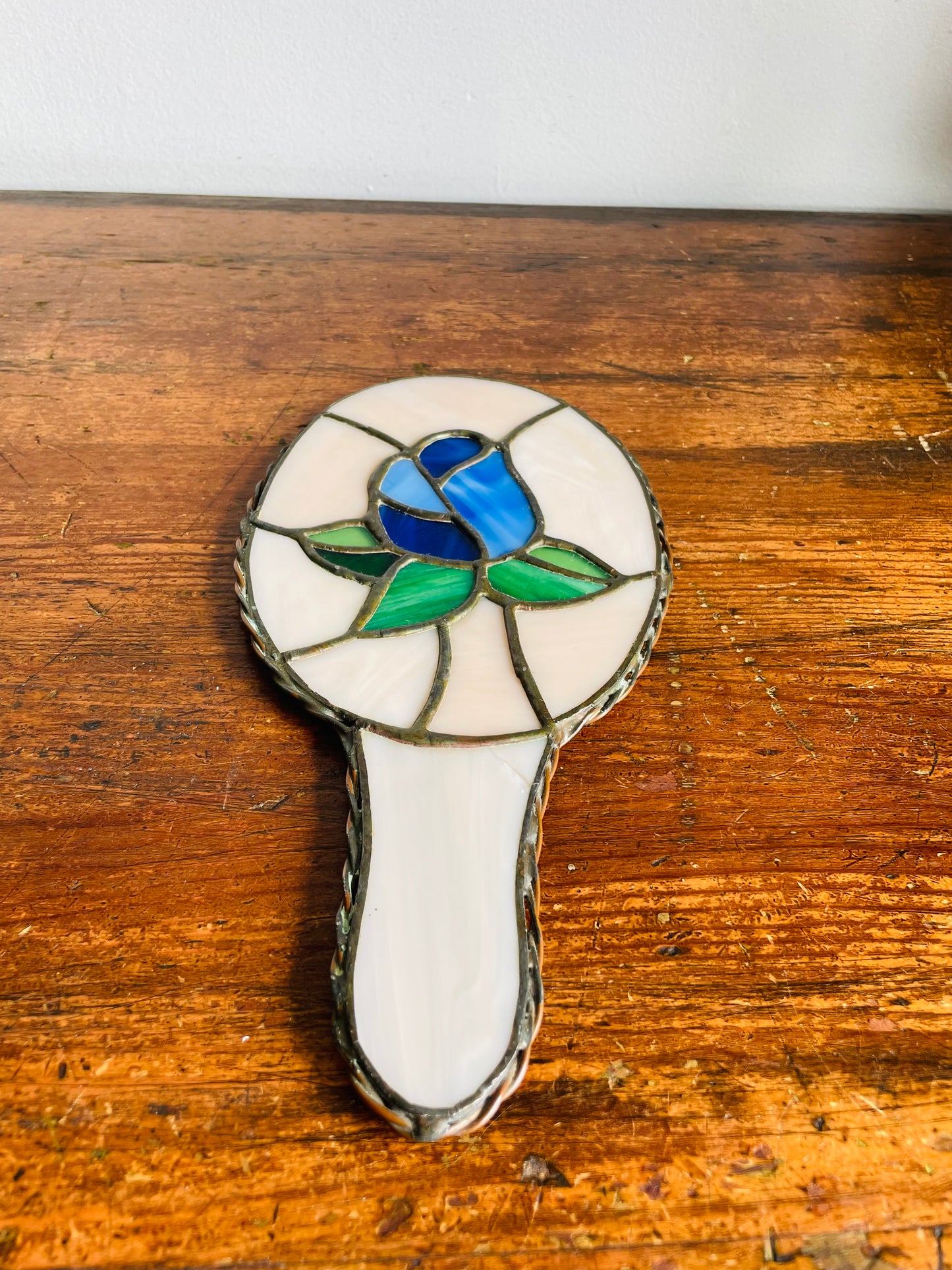 Vintage Stained Glass Handheld Mirror with Blue Rose Flower Design