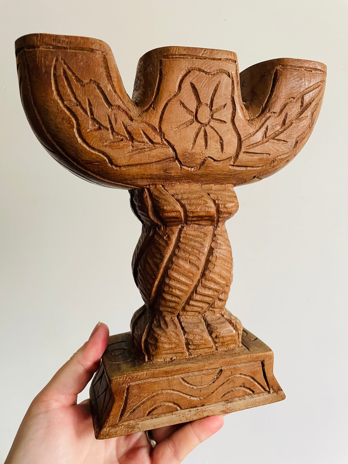 Large & Solid Hand Carved Wood Three Branch Candle Holder - Artist Signed R. Joseph