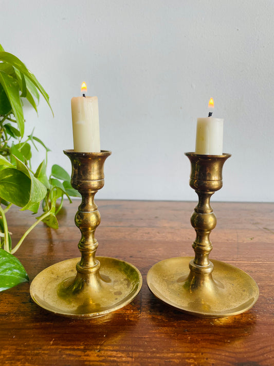 Vintage Heavy & Solid Brass Candle Holders with Spindle Shape & Curved Bases - Can Unscrew - Set of 2
