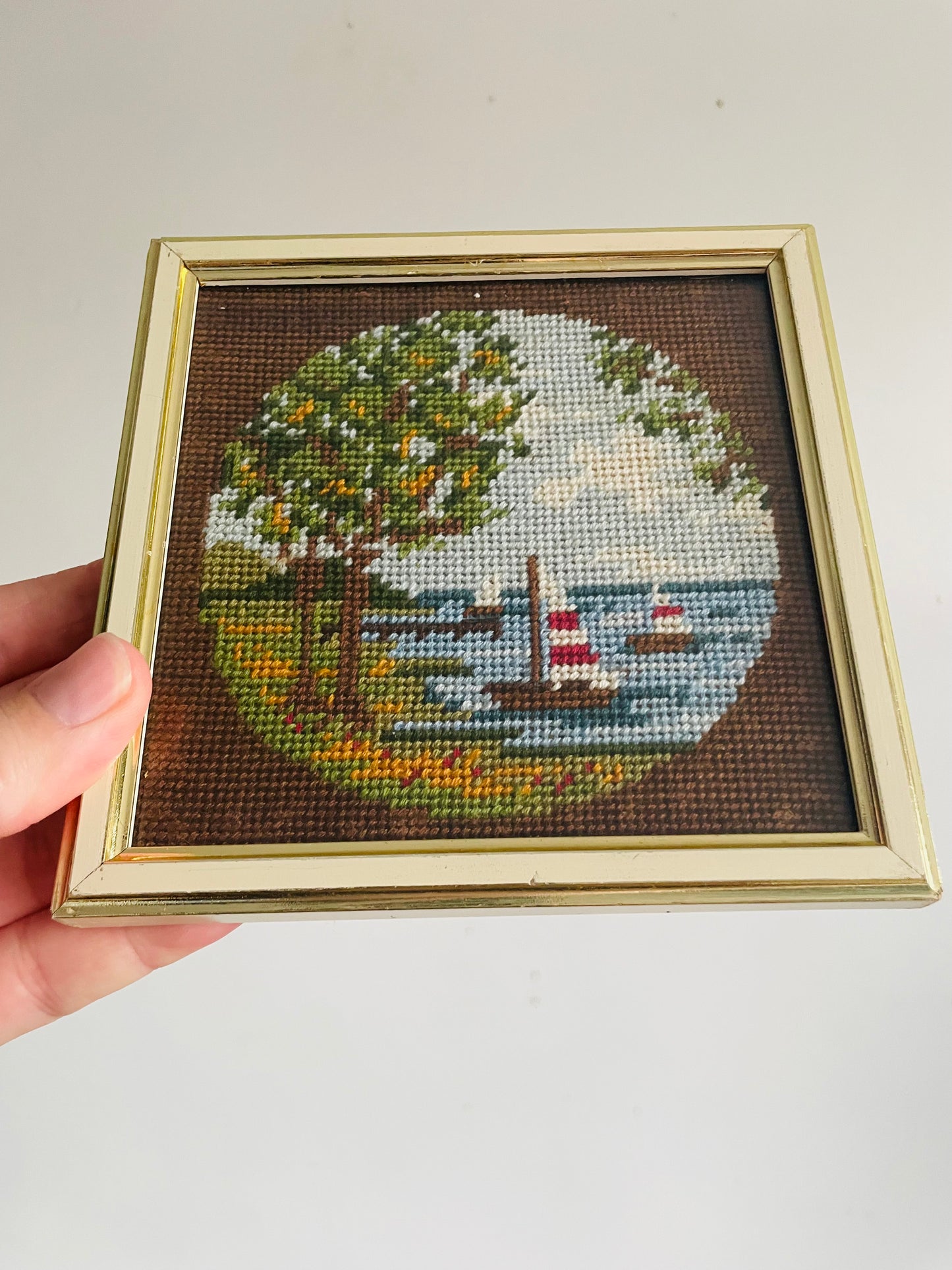 Vintage Mini Needlepoint Embroidery Picture in Square Frame - Summer Season - Red & White Sailboats in Lake