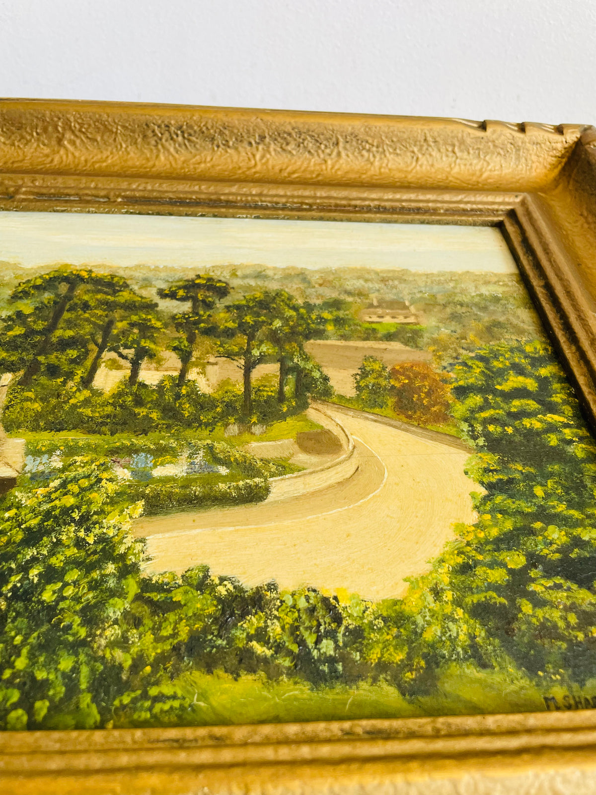 Vintage Original Art Painting in Gold Frame - English Country Scene with House & Trees on Winding Road - Artist Signed M. Sharples - Image Recreated from a Postcard