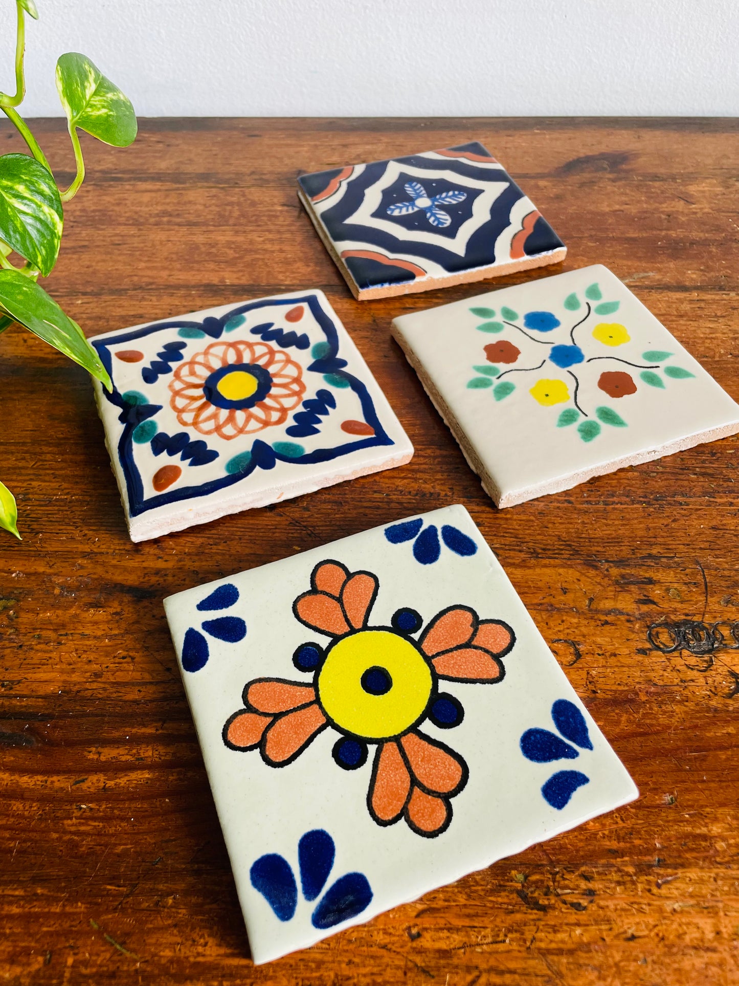 Vintage Hand Painted & Signed Mexican Tiles - Coasters or Art Project - Set of 4