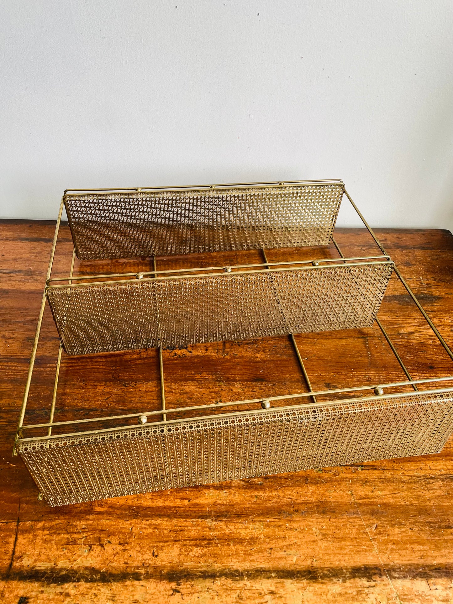 Vintage Gold Toned Metal & Brass Wall Hanging Shelf with Openwork Grill Design & Raised Edges - 3 Shelves- No Shipping