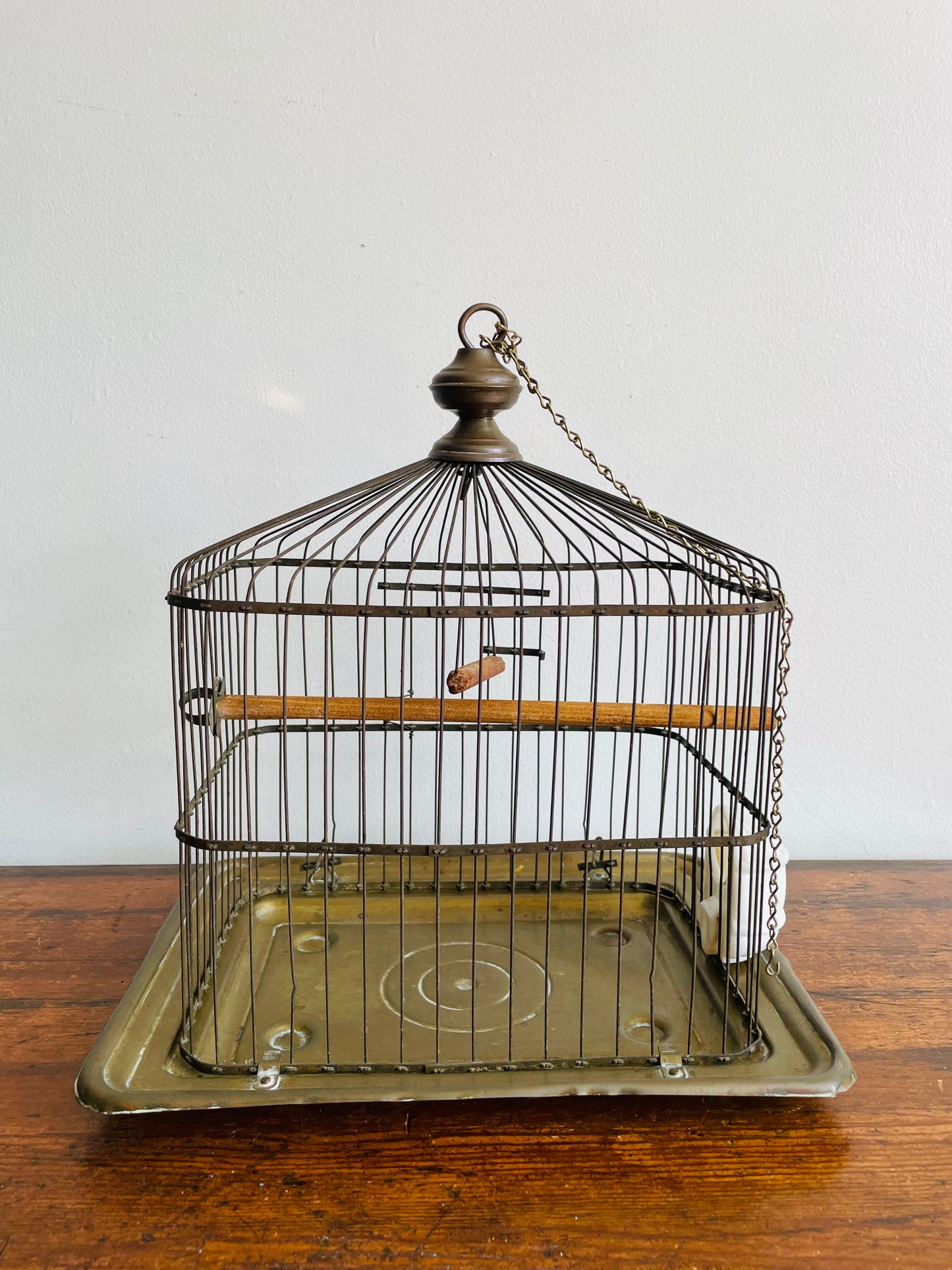 Antique Hendryx Brass & Metal Wire Bird Cage with Wood Perches & Milk Glass Food Dish - Art Deco Decor