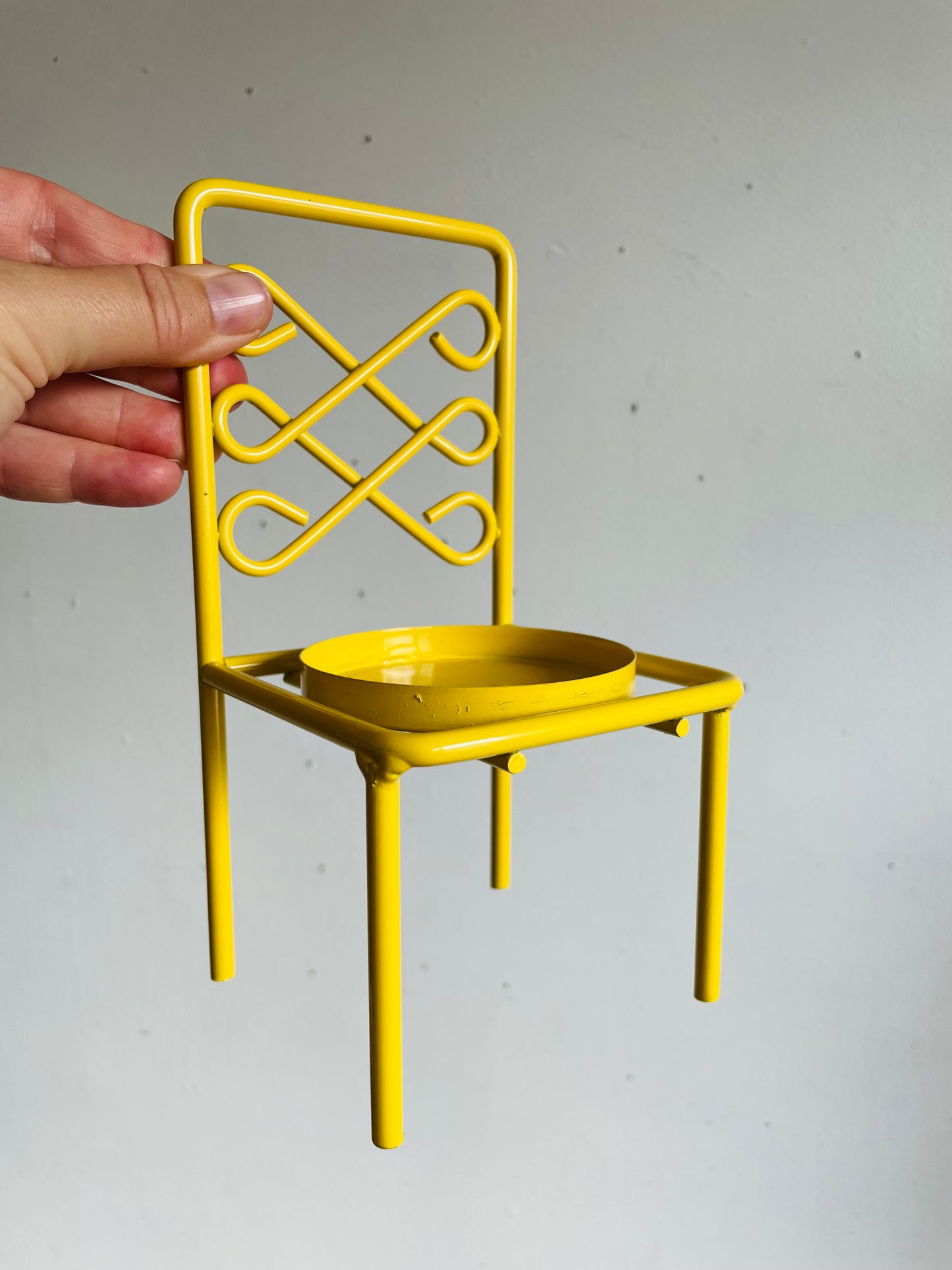 Vintage Bright & Cheerful Yellow Metal Candle Holder Chair or 3" Plant Pot Holder - Made in Taiwan