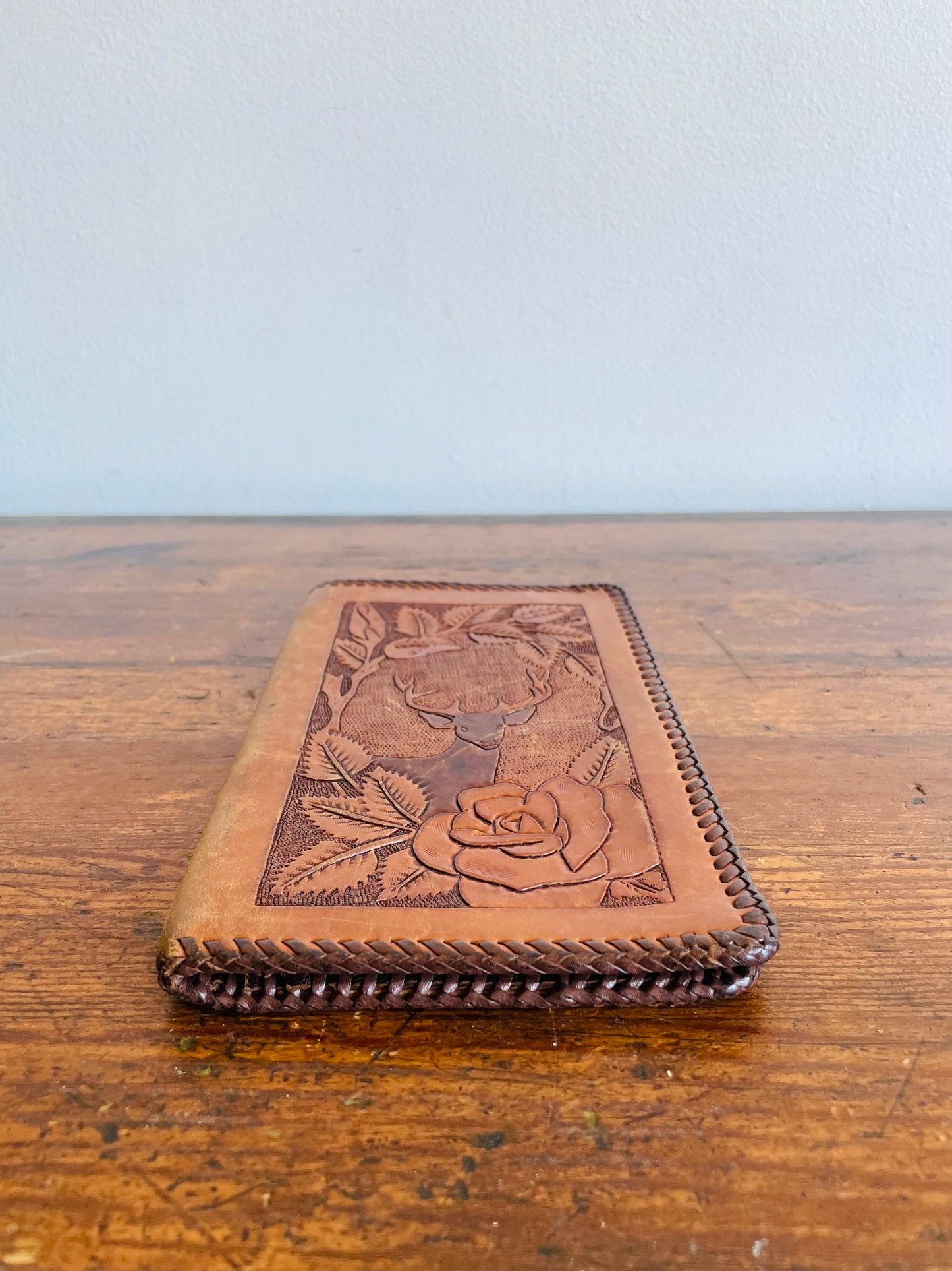 Tooled Leather Wallet with Flowers & Stag Deer Design