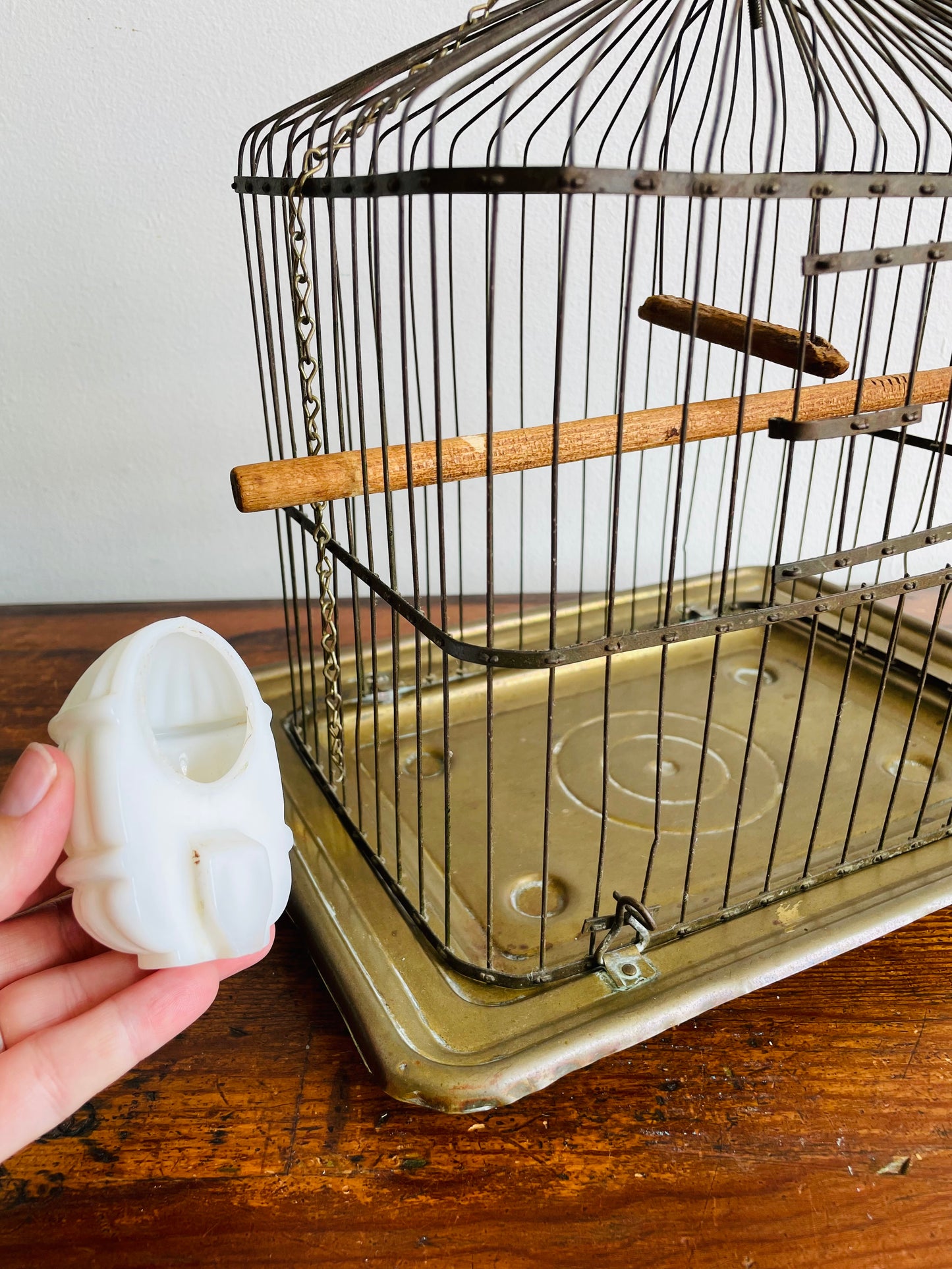 Antique Hendryx Brass & Metal Wire Bird Cage with Wood Perches & Milk Glass Food Dish - Art Deco Decor