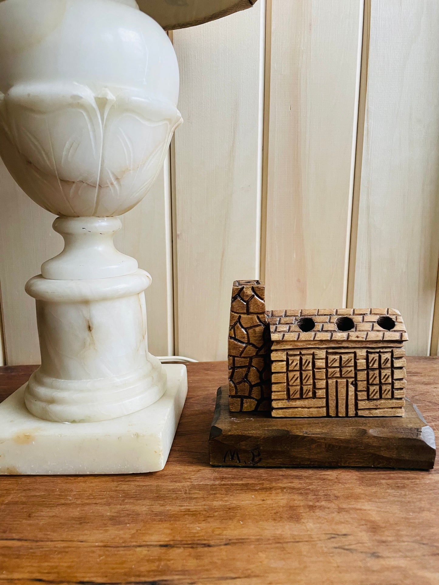 Handmade Carved Wood Log Cabin Pen or Pencil Holder