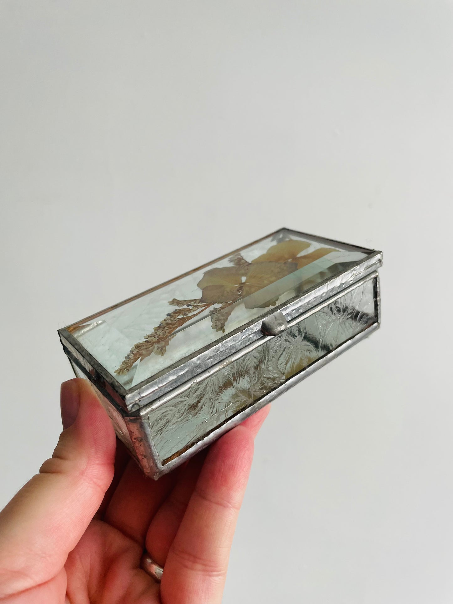 Metal & Glass Mirrored Trinket Jewellery Box with Dried Pressed Flower Lid