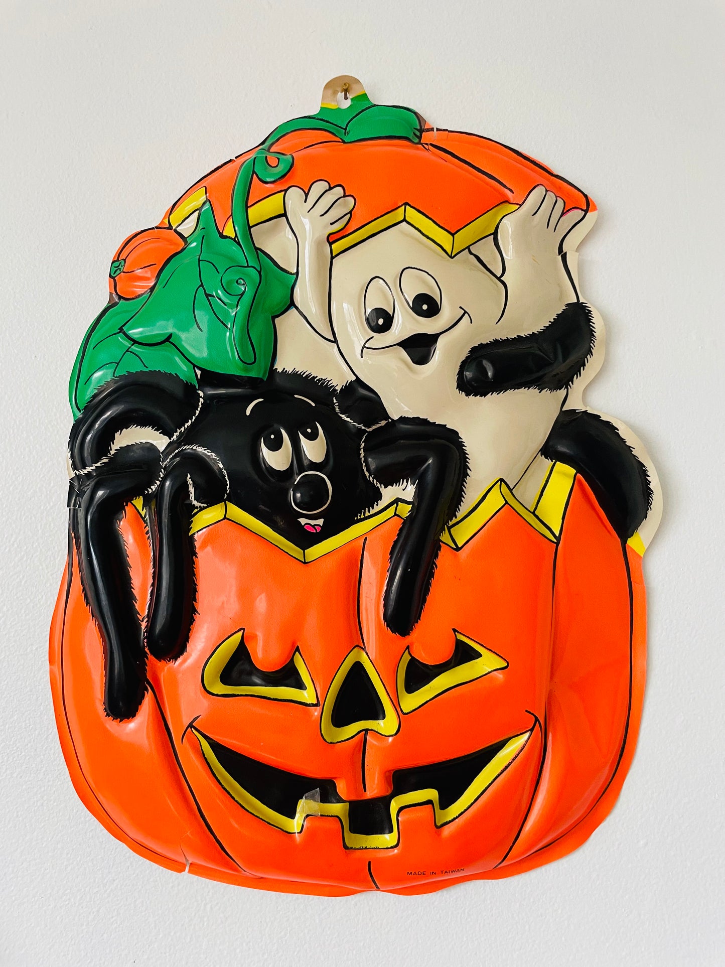 Plastic Halloween Cutout - Ghost & Spider in a Pumpkin - Made in Taiwan