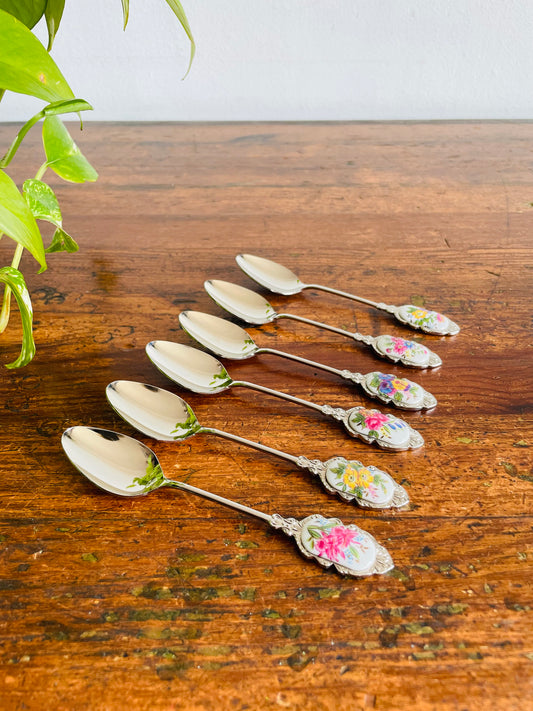 Vintage Collection of Demitasse Mini Stainless Steel Flower Spoons - Set of 6 - Made in Japan