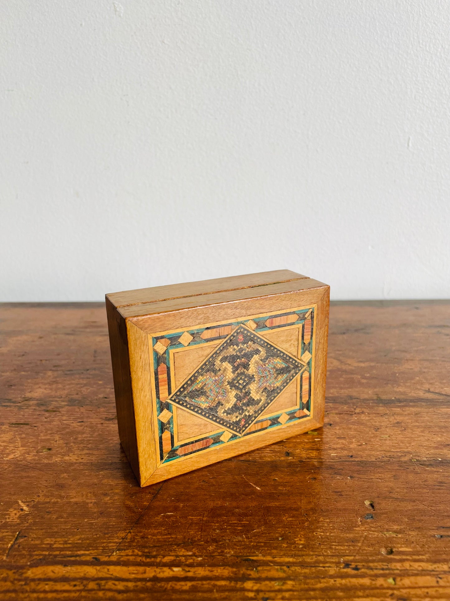 Antique Tunbridge Ware Wood Box with Mosaic Inlaid Pattern - Trinkets or Jewellery!