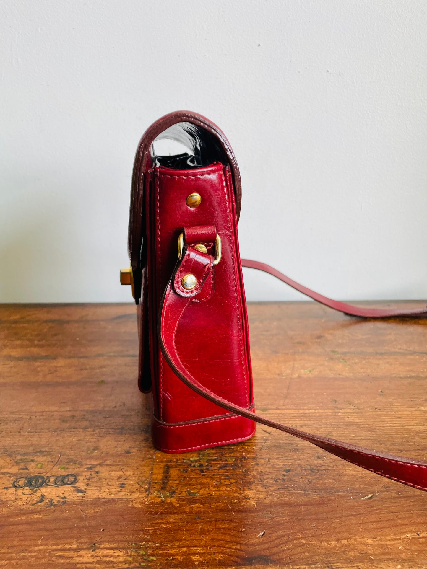 Vintage Marchino Burgundy Colour Crossbody Strap Purse with Brass Gold Hardware