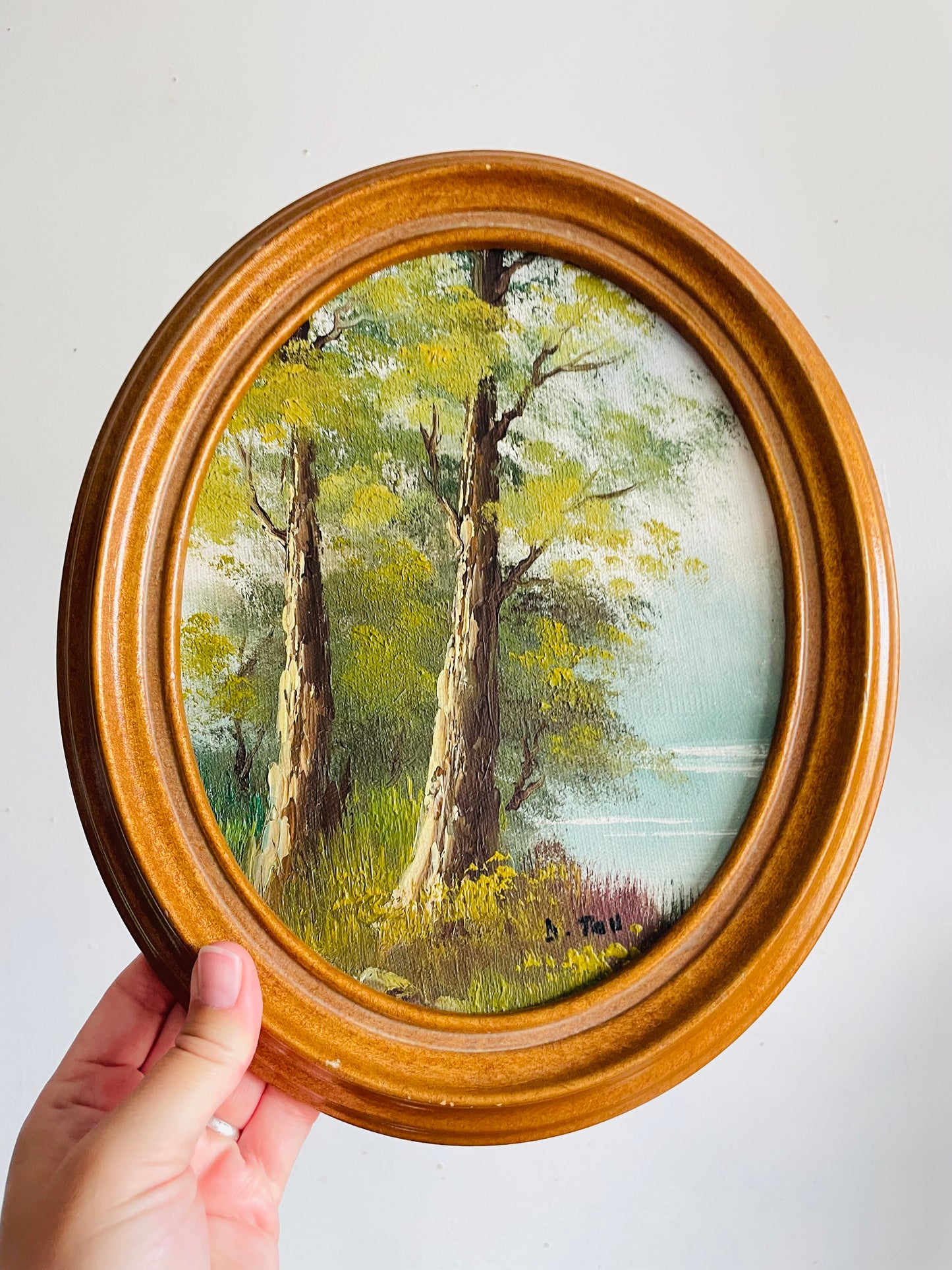 Vintage Original Art Painting of Tree Forest Scene Beside Lake in Oval Frame - Artist Signed