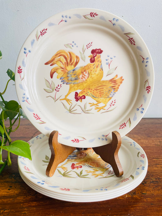 Vintage Discontinued Corelle Country Morning 8.5" Plates with Rooster Chicken & Flower Design - Whimsical Farmhouse - Set of 5