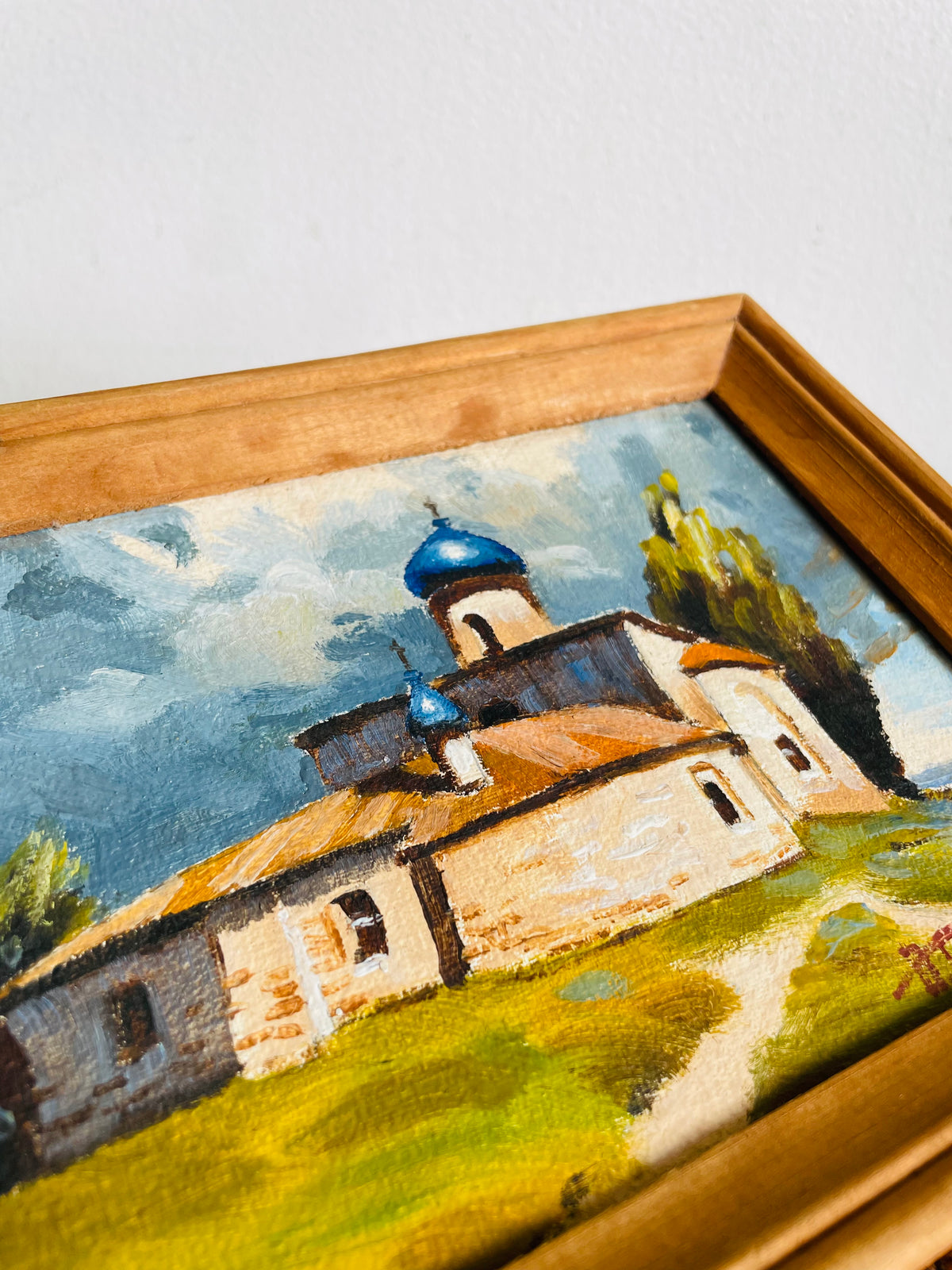 Vintage Original Art Painting Picture of Eastern European Church Landscape & Sky Scene