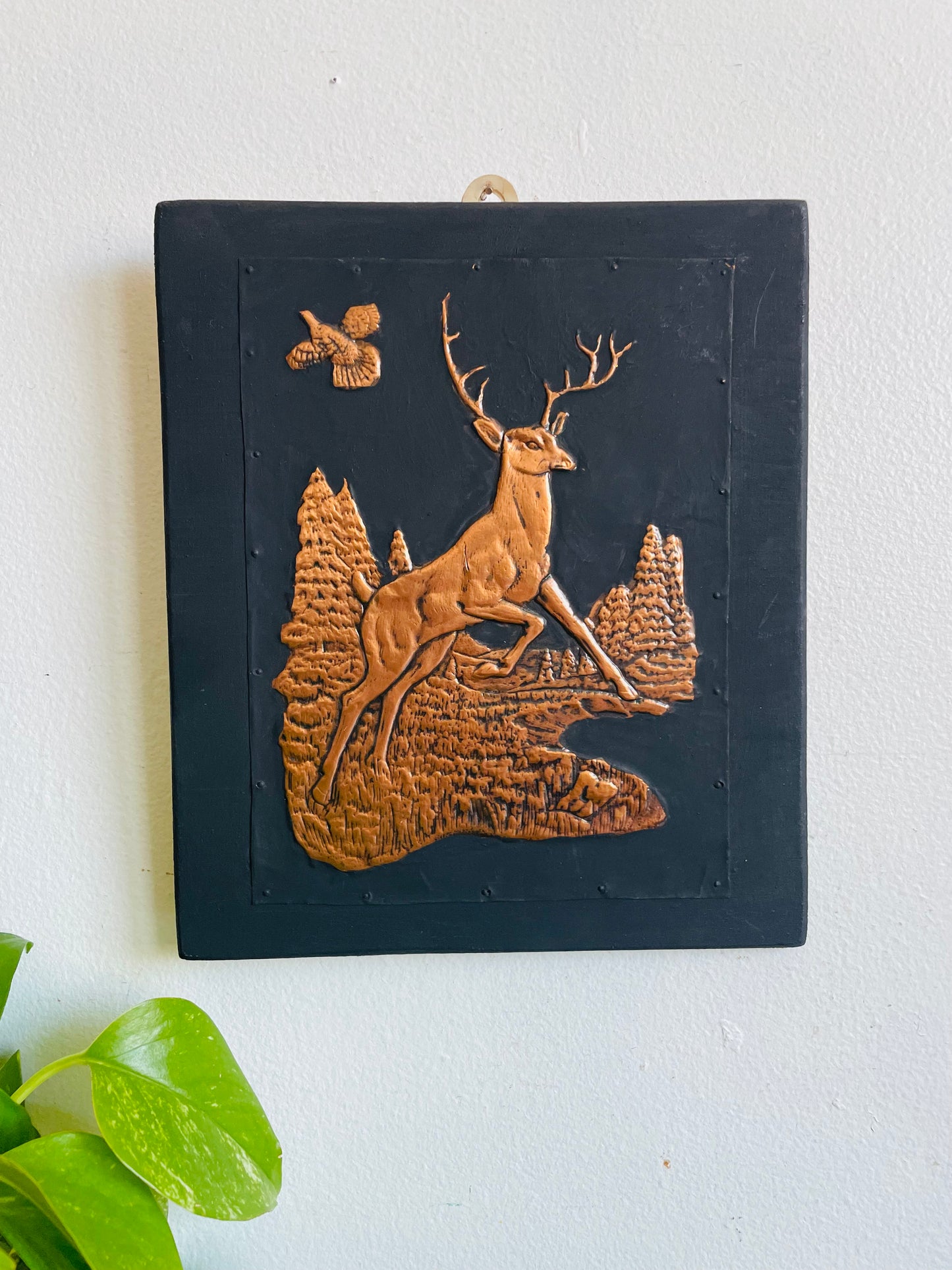 Vintage Embossed Copper on Black Background Picture of Stag Deer & Bird in Flight