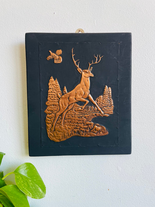 Vintage Embossed Copper on Black Background Picture of Stag Deer & Bird in Flight