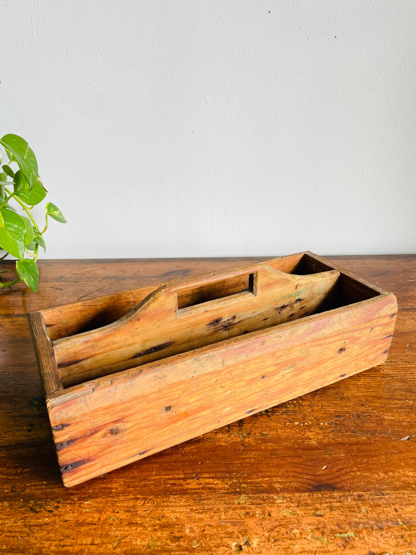 Vintage Divided Wood Caddy Crate Tray Box with Handle & Rustic Patina - As-Is
