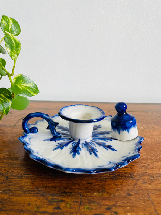 Vintage Staffordshire England Blue & White Ironstone Chamberstick Candle Holder with Snuffer