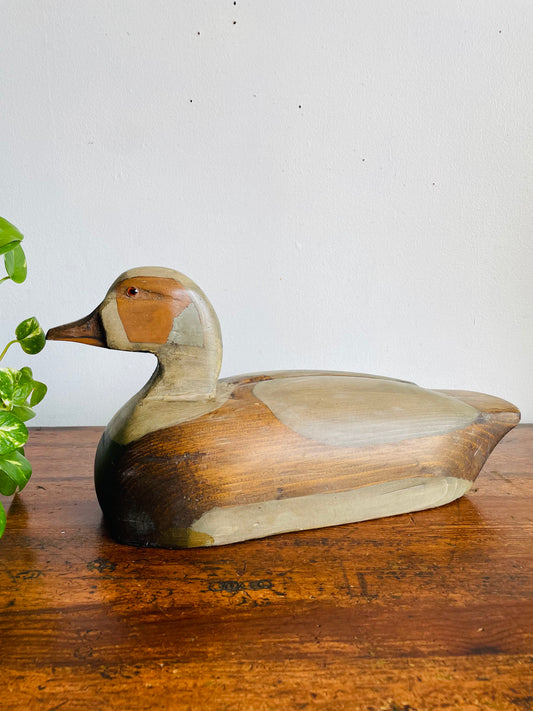 Vintage 1983 Hand-Carved & Painted Wood Duck Decoy Statue - Signed Ron Finbow