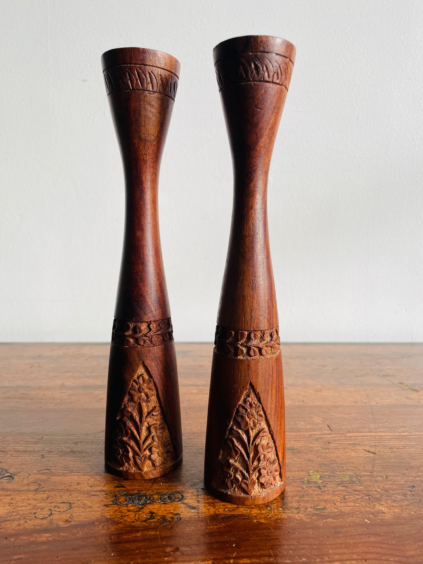 Tall & Shapely Indian Rosewood Candle Holders with Carved Floral Design - Set of 2 - Made in India