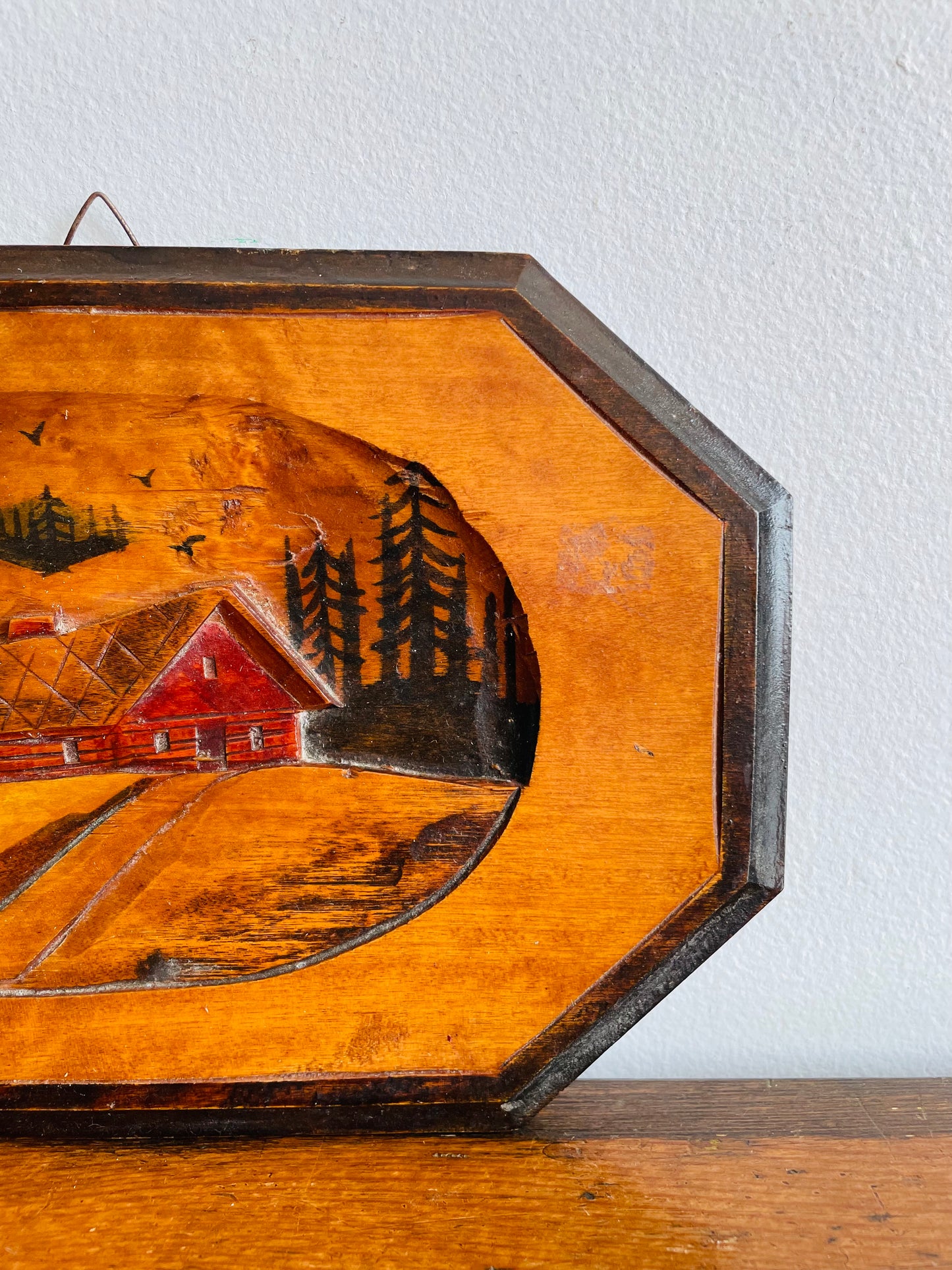 Red Cabin in Forest Picture - Carved from a Single Piece of Wood