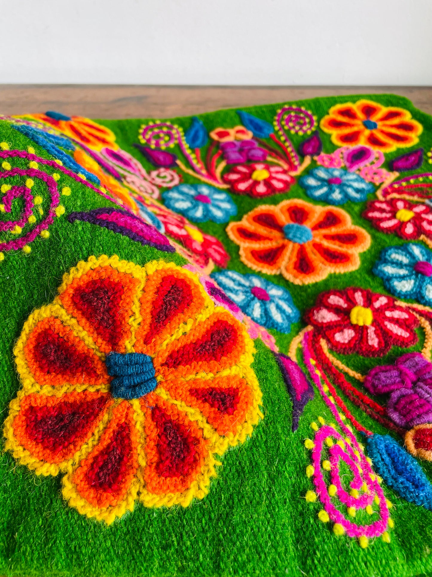 Vintage Green Zippered Wool Pillowcase Throw Pillow Cushion Cover with Fun & Bright Embroidered Folk Art Flower Design - Whimsical Decor