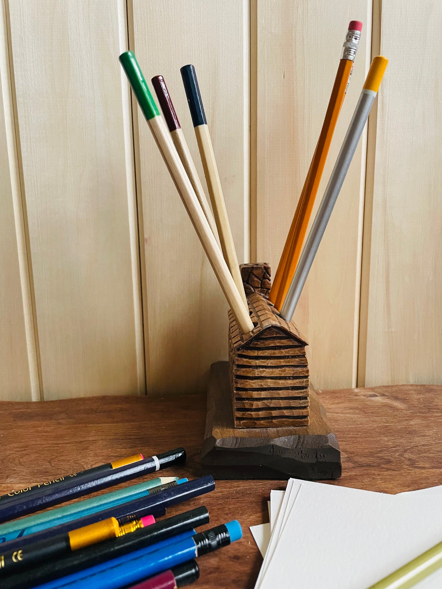 Handmade Carved Wood Log Cabin Pen or Pencil Holder