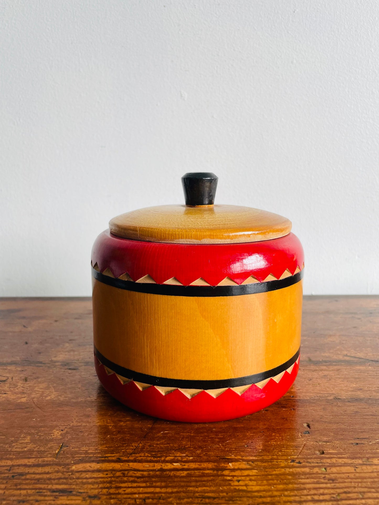 Eastern European Round Wooden Trinket Box with Lid & Handle