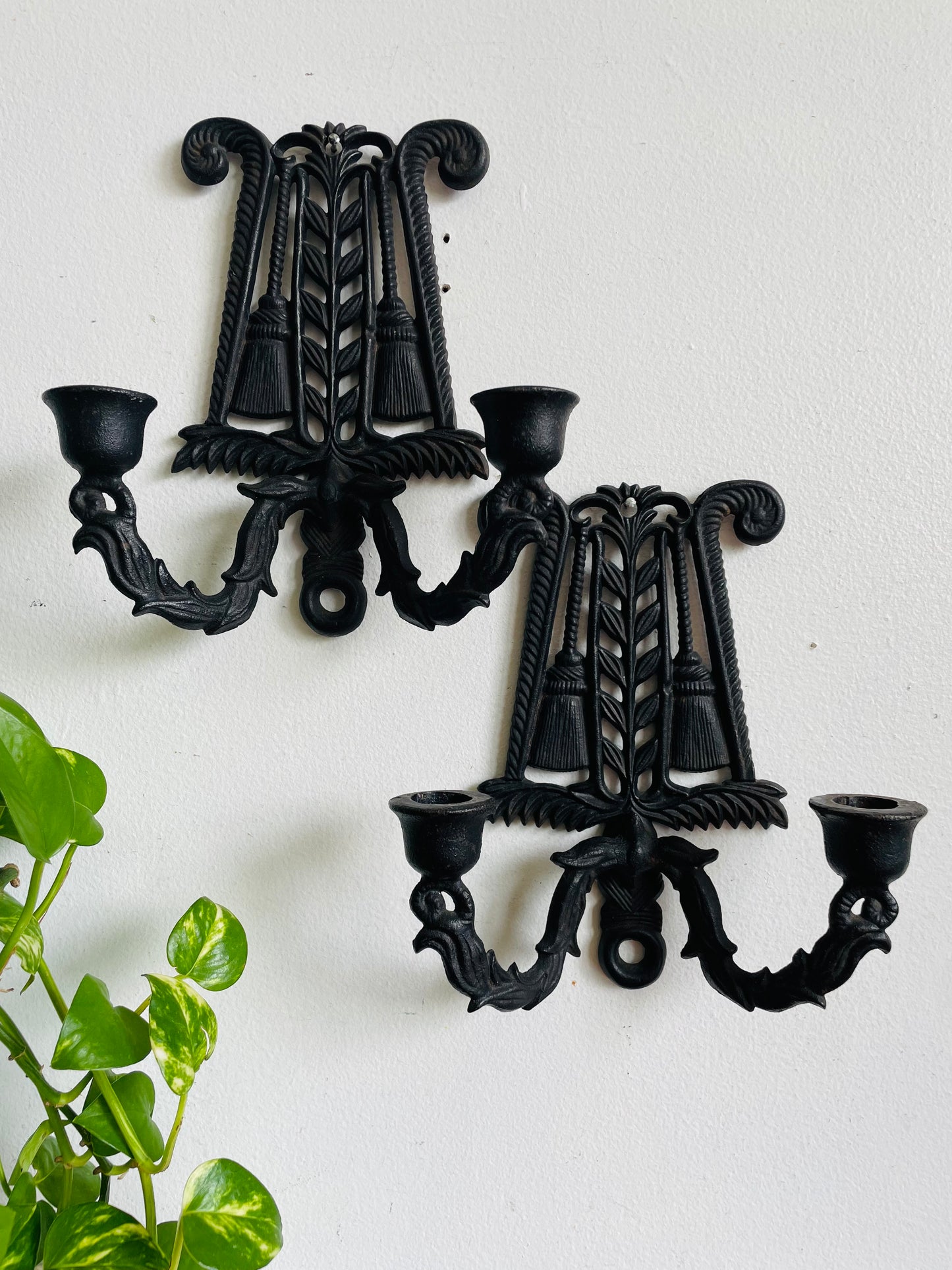 Vintage Wilton Cast Iron Double Candle Holder Wall Hanging Sconces - Set of 2
