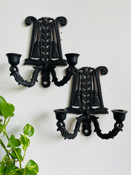 Vintage Wilton Cast Iron Double Candle Holder Wall Hanging Sconces - Set of 2