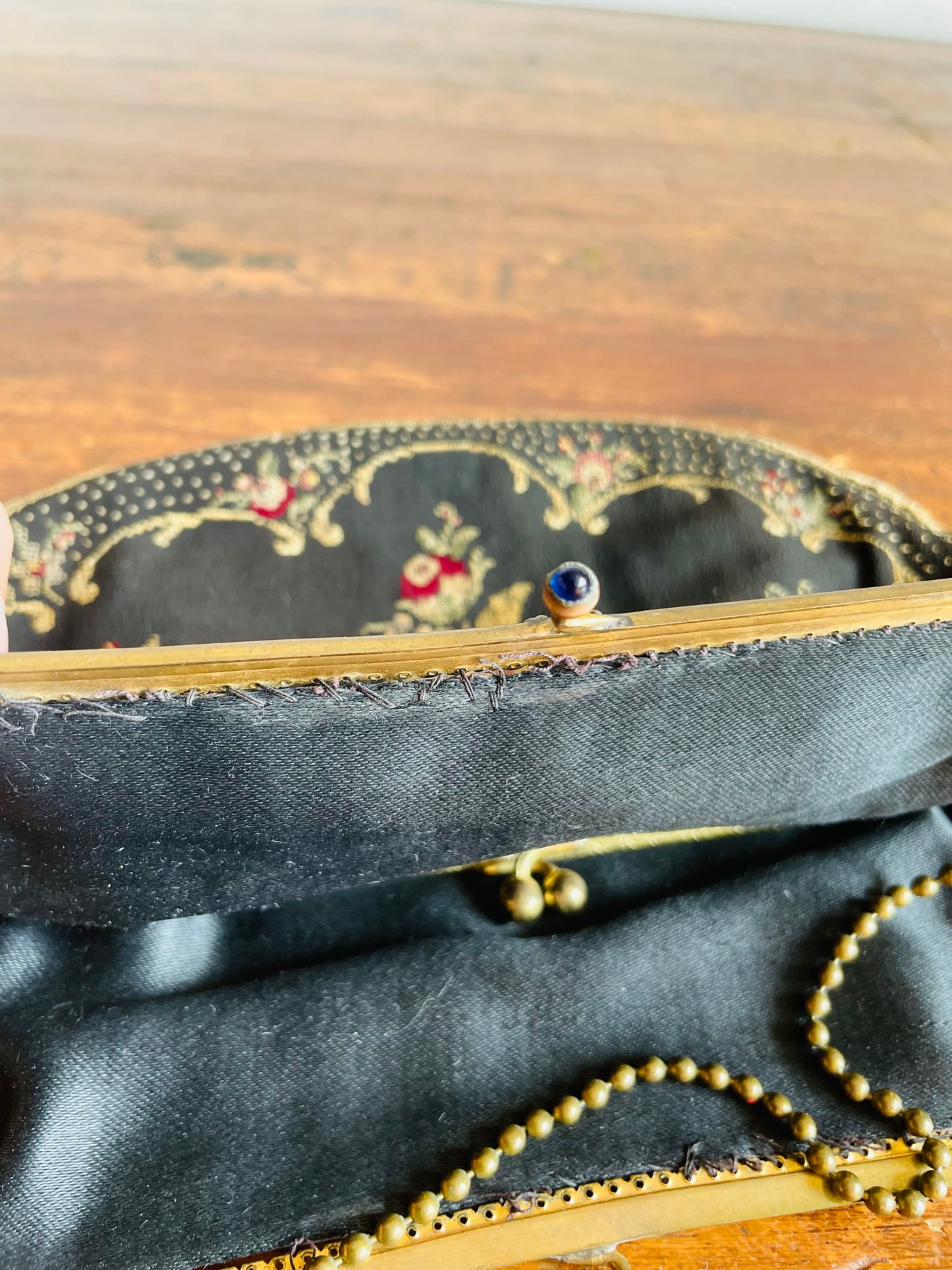 Delicate 1920s Black Evening Bag Purse on Brass Chain with Floral Petit Point Embroidery - Has Attached Coin Purse Inside