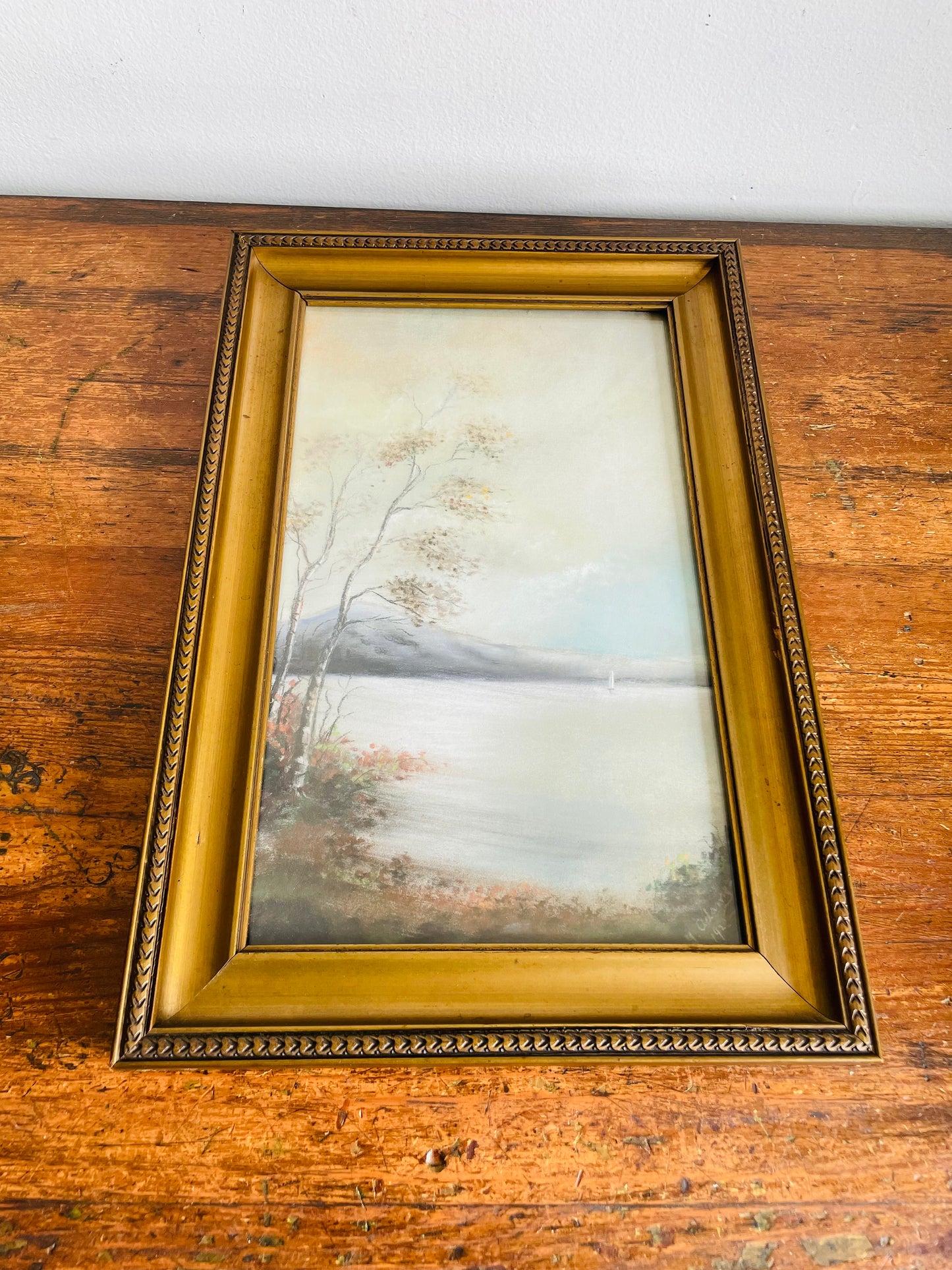Antique 1922 Original Art Soft Pastel Painting Picture in Gold Frame of Sailboat on Autumn Lake With Mountains - Artist Signed