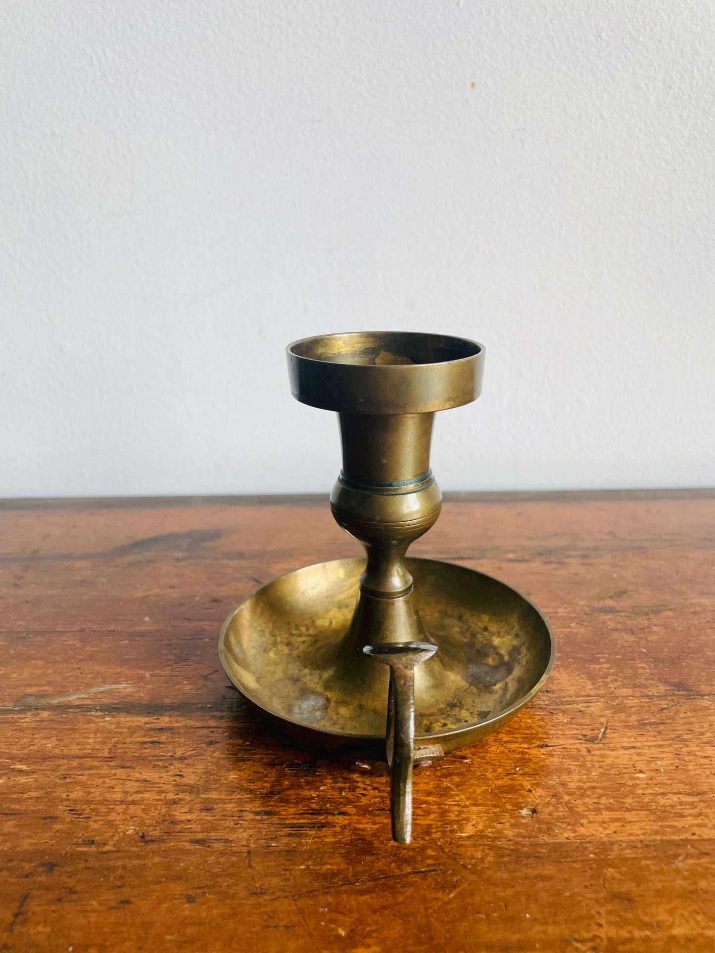 Vintage Solid Brass Chamberstick Candle Holder with Aged Patina