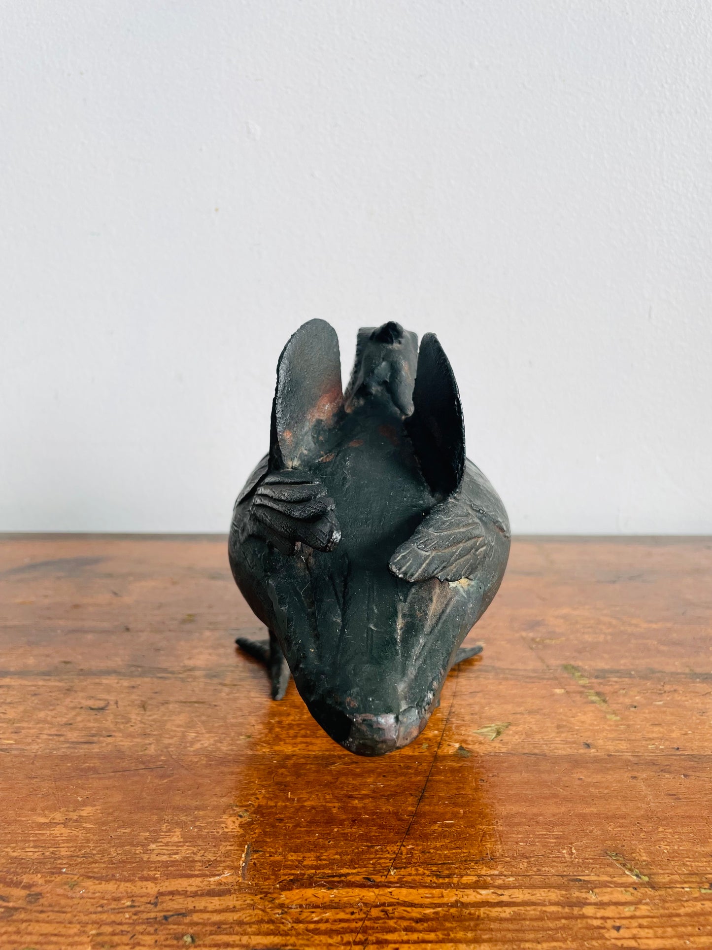 Vintage Solid & Heavy Black Cast Iron Metal Bird Statue - Made in Japan