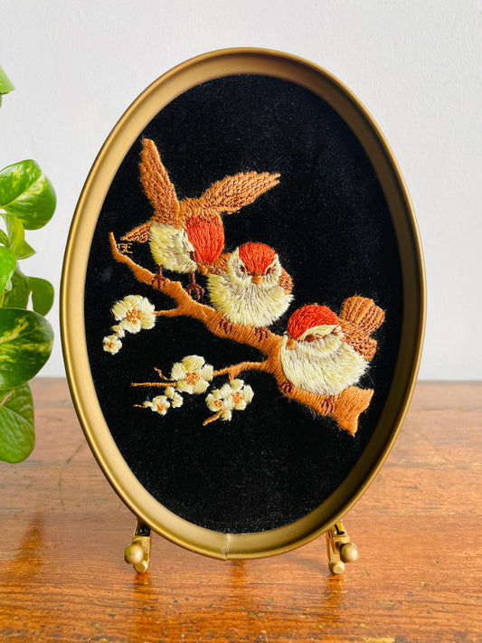 Vintage Ecstasy Giftware Oval Embroidery on Black Velvet Picture of Chickadee Birds in Spring with Flower Blossoms